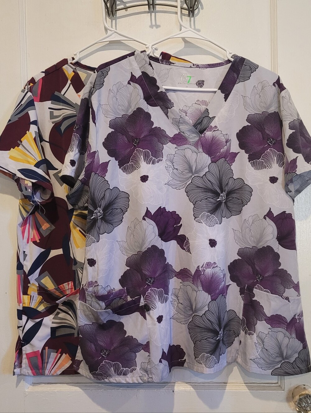 Lot Of 2 Size 2X V Neck GT Performance Scrub Tops Purple Burgundy Yellow